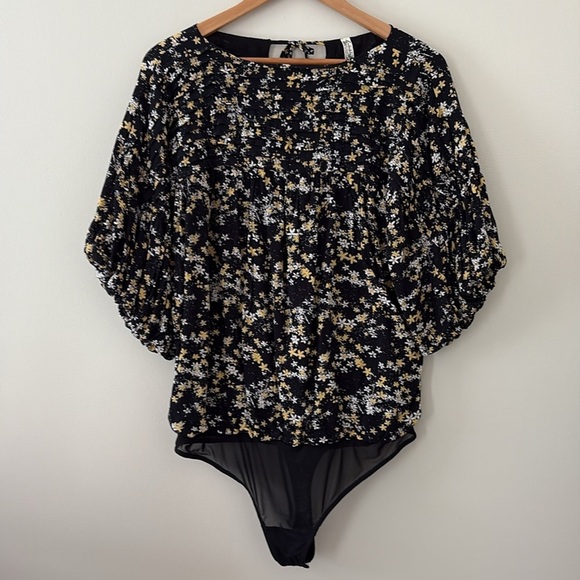 Free People Intimately Dessa Bodysuit Floral Printed Pintuck Black Top Size L - Picture 3 of 16